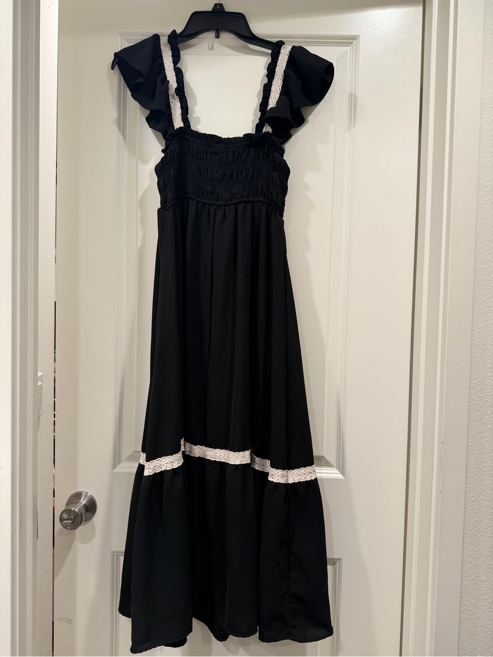 The River Black Maxi Dress Size Small Ruffle Sleeve Lace Trim Boho Style - Picture 7 of 7